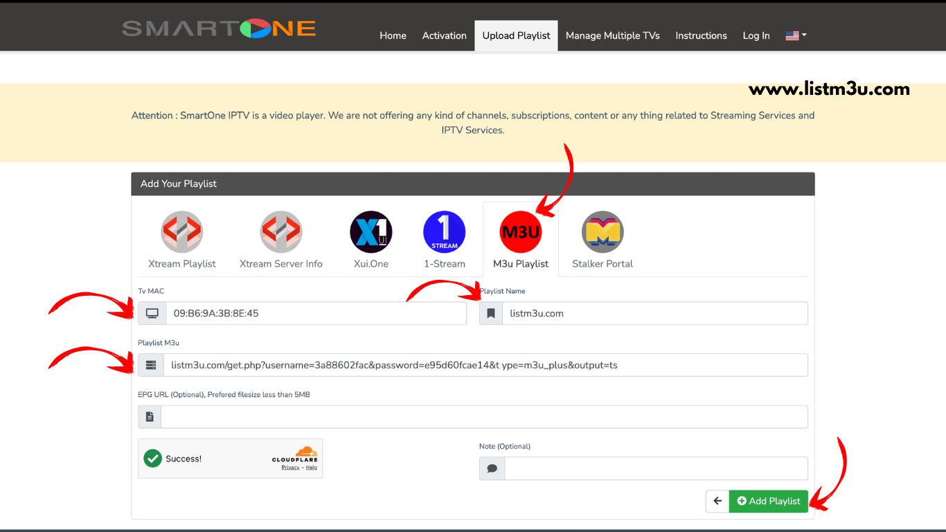 Add M3U playlist on SMARTONE using MAC address playlist name and M3U URL