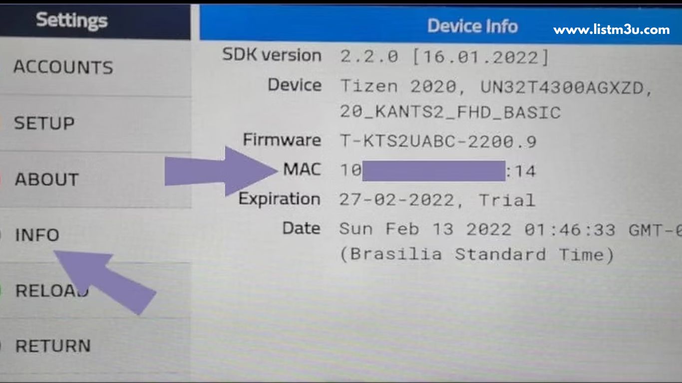 SMARTONE IPTV info screen showing device MAC address