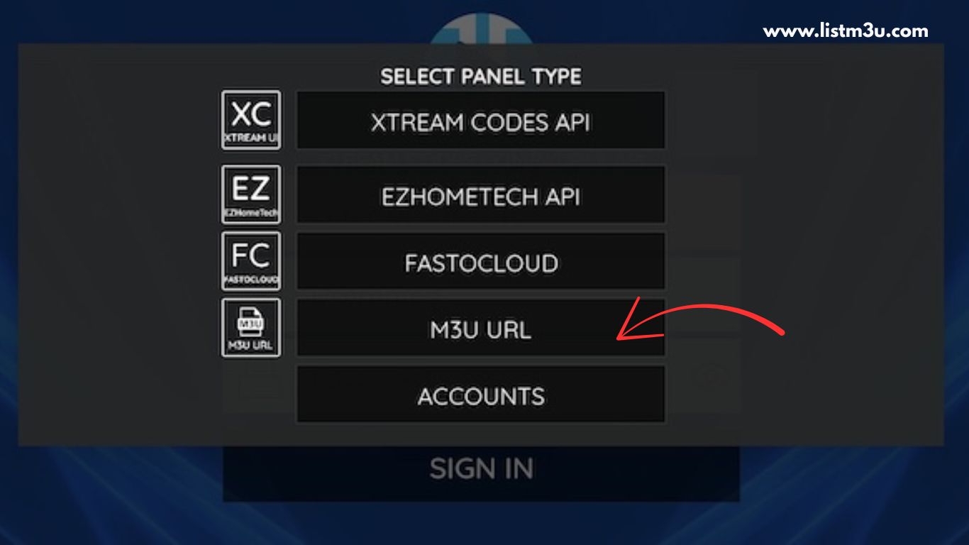 XCIPTV login screen showing M3U URL option