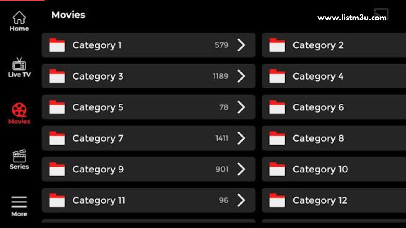 Xtream Player channel categories screen after M3U playlist is added successfully