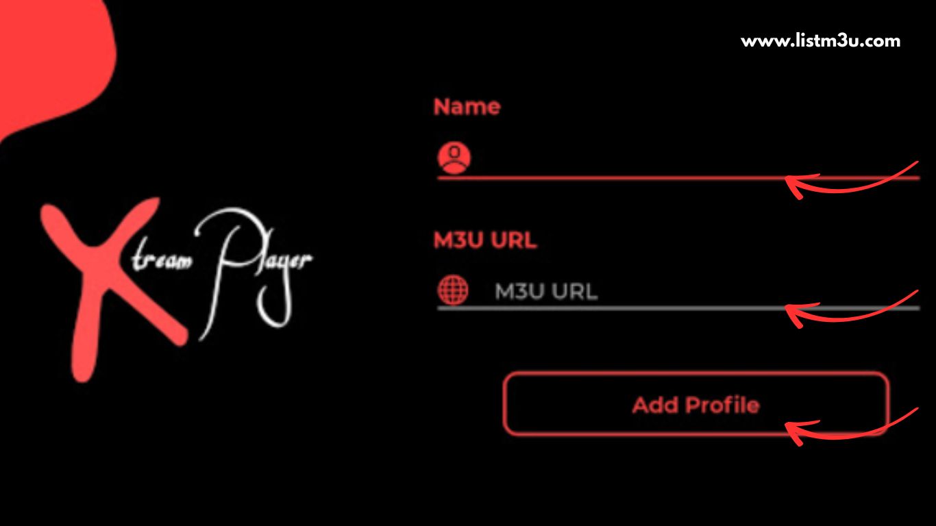 Xtream Player M3U setup page where you enter playlist name and M3U URL