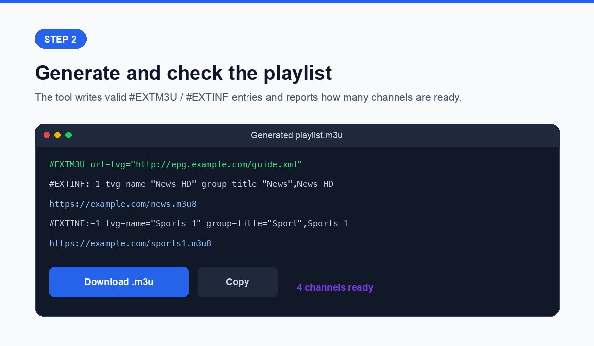 Step 2 of creating an M3U playlist: the generated playlist showing EXTM3U and EXTINF entries with a download button